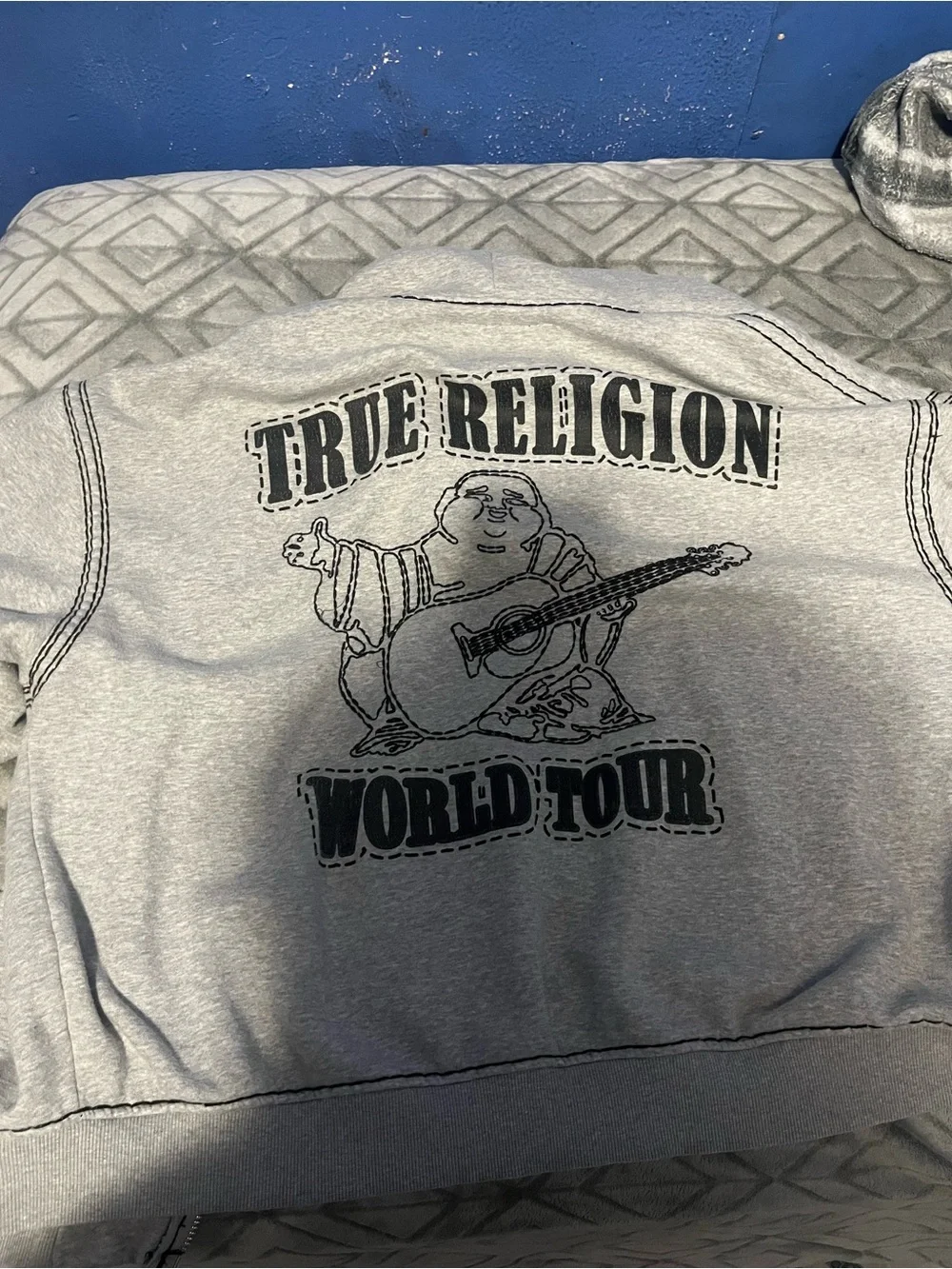 True Religion Gray and Black Graphic Puffer Jacket